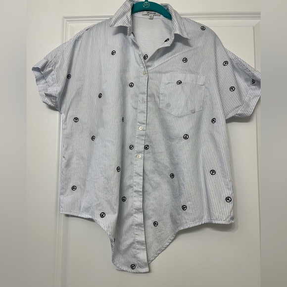 Madewell Embroidered Oversized Peace Sign Short Sleeve Tie Front Striped Shirt - Picture 3 of 13